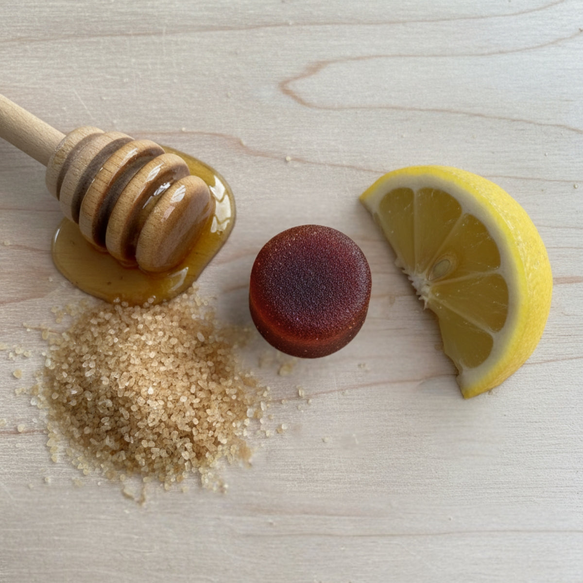 Ingredients used in Vitamin Hive vitamin D3 + K2 gummies including manuka honey, organic coconut sugar, and lemon