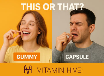 Side-by-side gummy vs capsule comparison—happy gummy, unhappy capsule; Vitamin Hive.