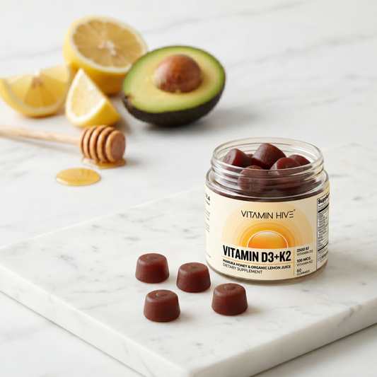 A jar of Vitamin Hive Vitamin D3+K2 gummies on a white marble board, surrounded by lemon slices, a honey dipper, and an avocado on a white marble surface.