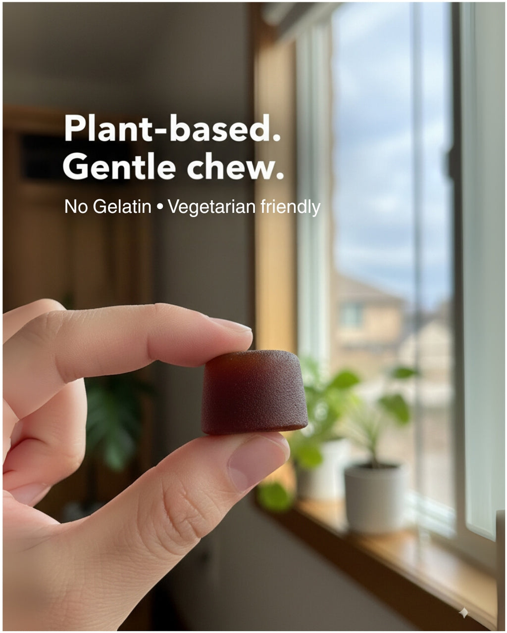 Hand holding a plant-based chew Vitamin Hive D3+K2 gummy with text about its properties, set against a window background.